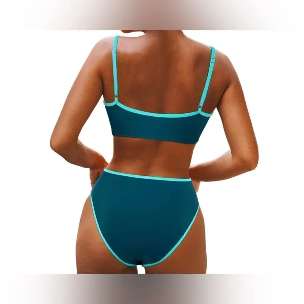 SUUKSESS High Waisted 2 Piece Cheeky High Cut Bandeau Swimsuit navy/aqua
